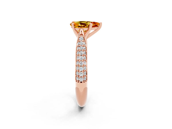 Rose gold Pear Cut Citrine Solitaire Engagement Ring with Multi-Row Round Pavé Band and Prong Setting