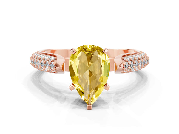 Rose gold Pear Cut Yellow Sapphire Solitaire Engagement Ring with Multi-Row Round Pavé Band and Prong Setting