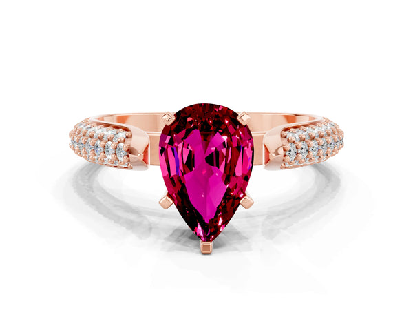 Rose gold Pear Cut Garnet Solitaire Engagement Ring with Multi-Row Round Pavé Band and Prong Setting