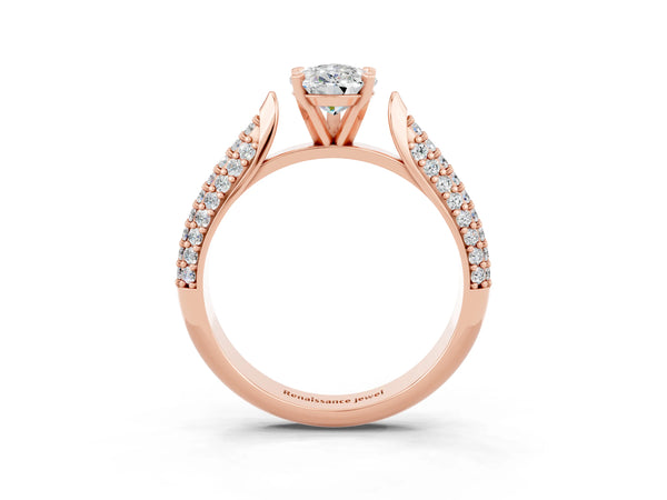 Rose gold Pear Cut Moissanite Solitaire Engagement Ring with Multi-Row Round Pavé Band and Prong Setting