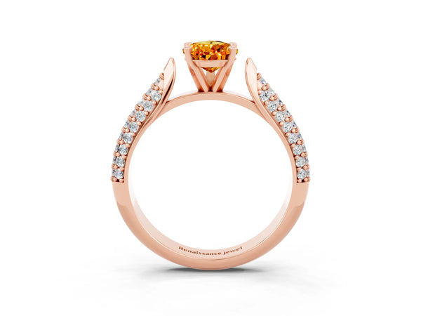 Rose gold Pear Cut Citrine Solitaire Engagement Ring with Multi-Row Round Pavé Band and Prong Setting