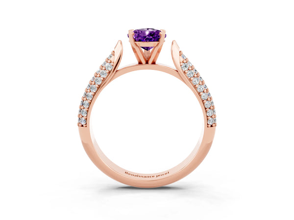 Rose gold Pear Cut Amethyst Solitaire Engagement Ring with Multi-Row Round Pavé Band and Prong Setting