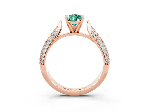 Rose gold Pear Cut Green Sapphire Solitaire Engagement Ring with Multi-Row Round Pavé Band and Prong Setting