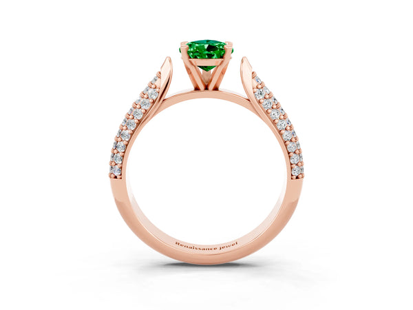 Rose gold Pear Cut Emerald Solitaire Engagement Ring with Multi-Row Round Pavé Band and Prong Setting