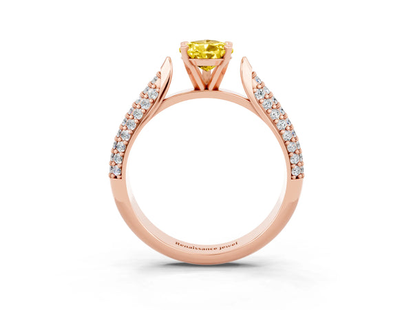 Rose gold Pear Cut Yellow Sapphire Solitaire Engagement Ring with Multi-Row Round Pavé Band and Prong Setting
