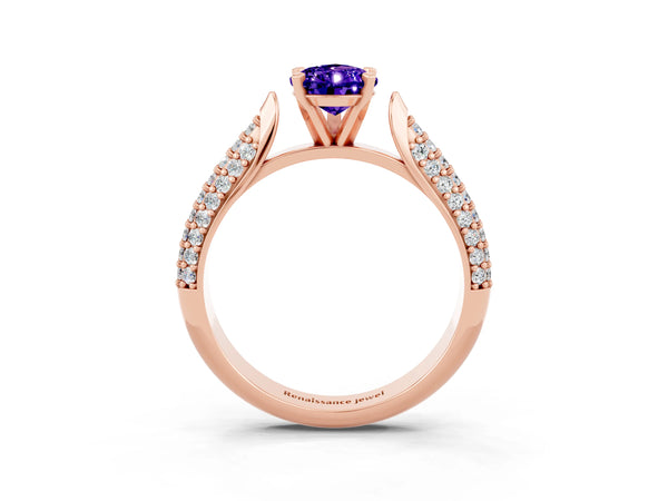 Rose gold Pear Cut Tanzanite Solitaire Engagement Ring with Multi-Row Round Pavé Band and Prong Setting
