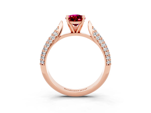 Rose gold Pear Cut Garnet Solitaire Engagement Ring with Multi-Row Round Pavé Band and Prong Setting