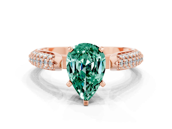 Rose gold Pear Cut Green Sapphire Solitaire Engagement Ring with Multi-Row Round Pavé Band and Prong Setting