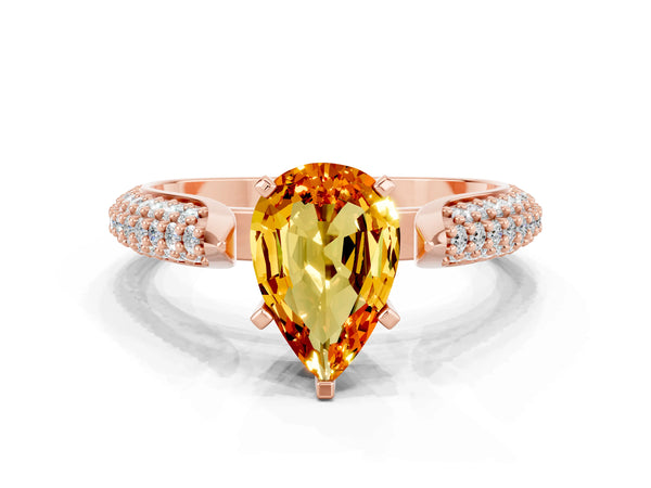 Rose gold Pear Cut Citrine Solitaire Engagement Ring with Multi-Row Round Pavé Band and Prong Setting
