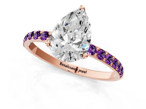 Rose gold Pear Cut Diamond Solitaire Engagement Ring with Round with Amethyst side stone Pavé Band and Prong Setting_1