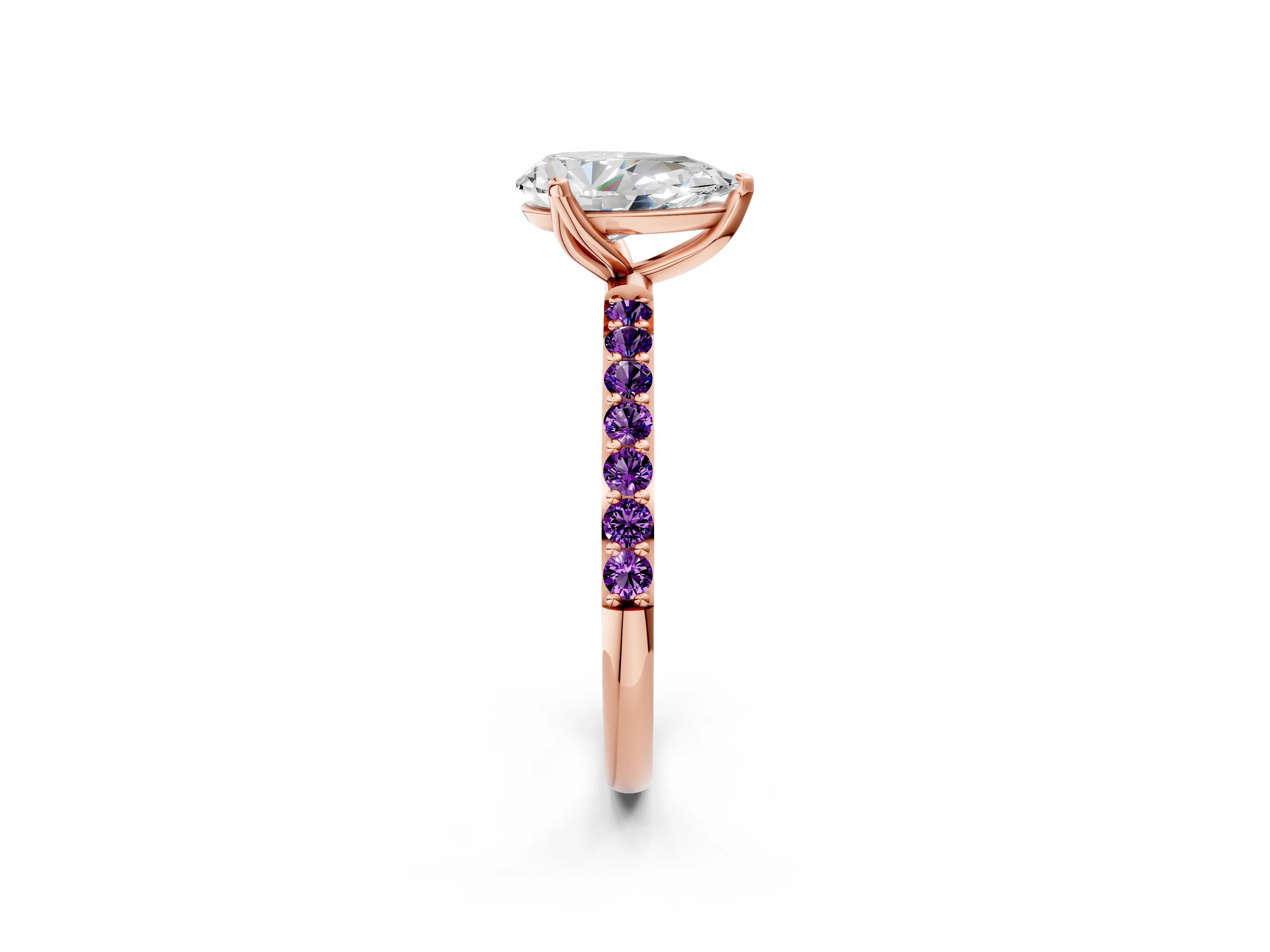Rose gold Pear Cut Diamond Solitaire Engagement Ring with Round with Amethyst side stone Pavé Band and Prong Setting_2