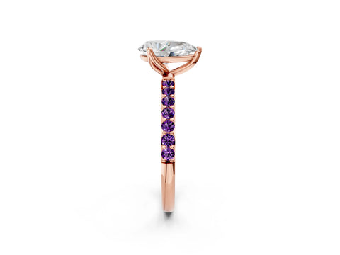 Rose gold Pear Cut Diamond Solitaire Engagement Ring with Round with Amethyst side stone Pavé Band and Prong Setting_2