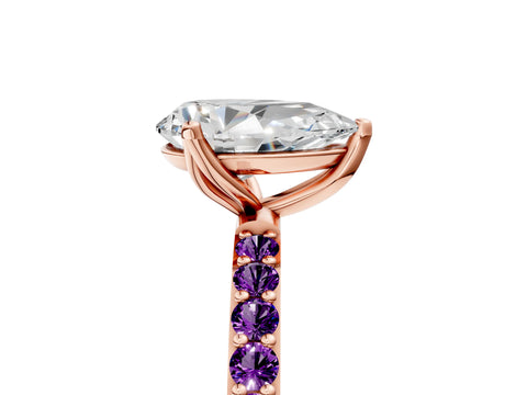 Rose gold Pear Cut Diamond Solitaire Engagement Ring with Round with Amethyst side stone Pavé Band and Prong Setting_5