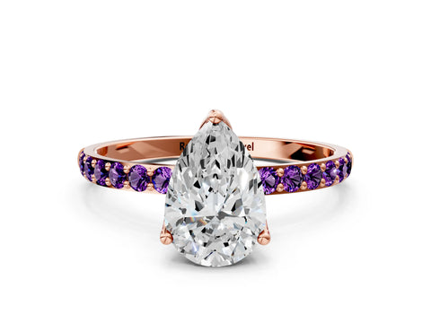 Rose gold Pear Cut Diamond Solitaire Engagement Ring with Round with Amethyst side stone Pavé Band and Prong Setting