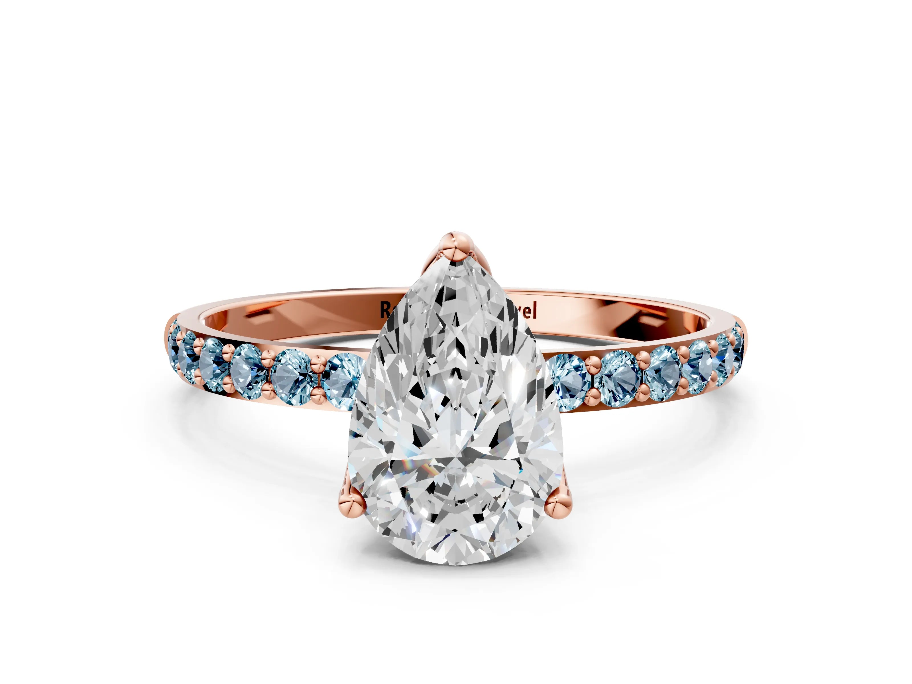 Rose gold Pear Cut Diamond Solitaire Engagement Ring with Round with Aquamarine side stone Pavé Band and Prong Setting