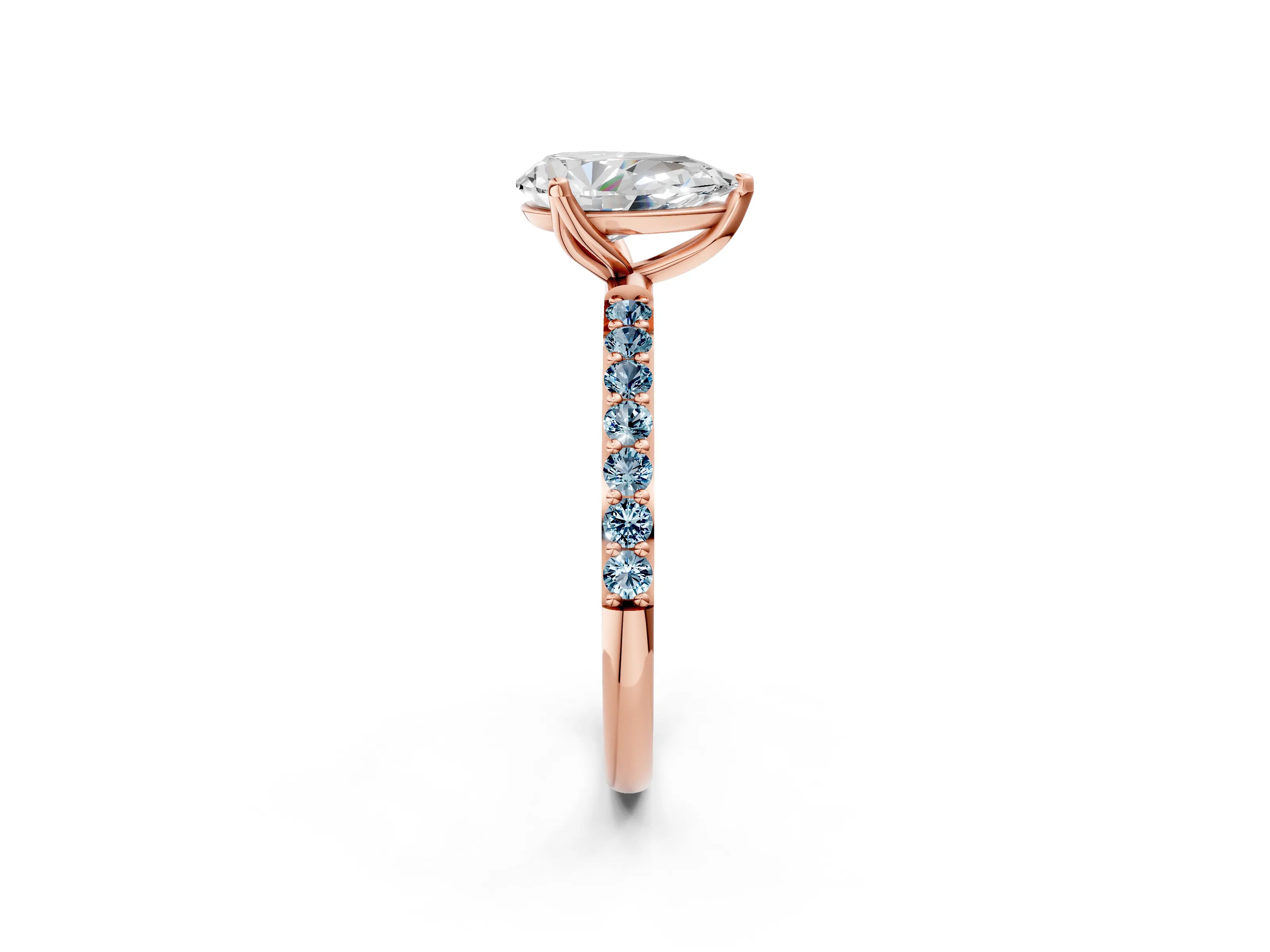 Rose gold Pear Cut Diamond Solitaire Engagement Ring with Round with Aquamarine side stone Pavé Band and Prong Setting_2