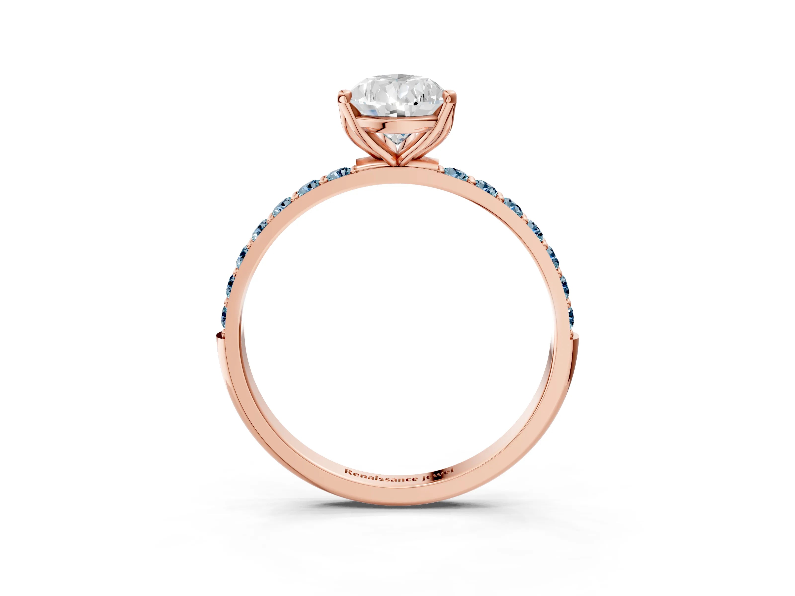 Rose gold Pear Cut Diamond Solitaire Engagement Ring with Round with Aquamarine side stone Pavé Band and Prong Setting_3