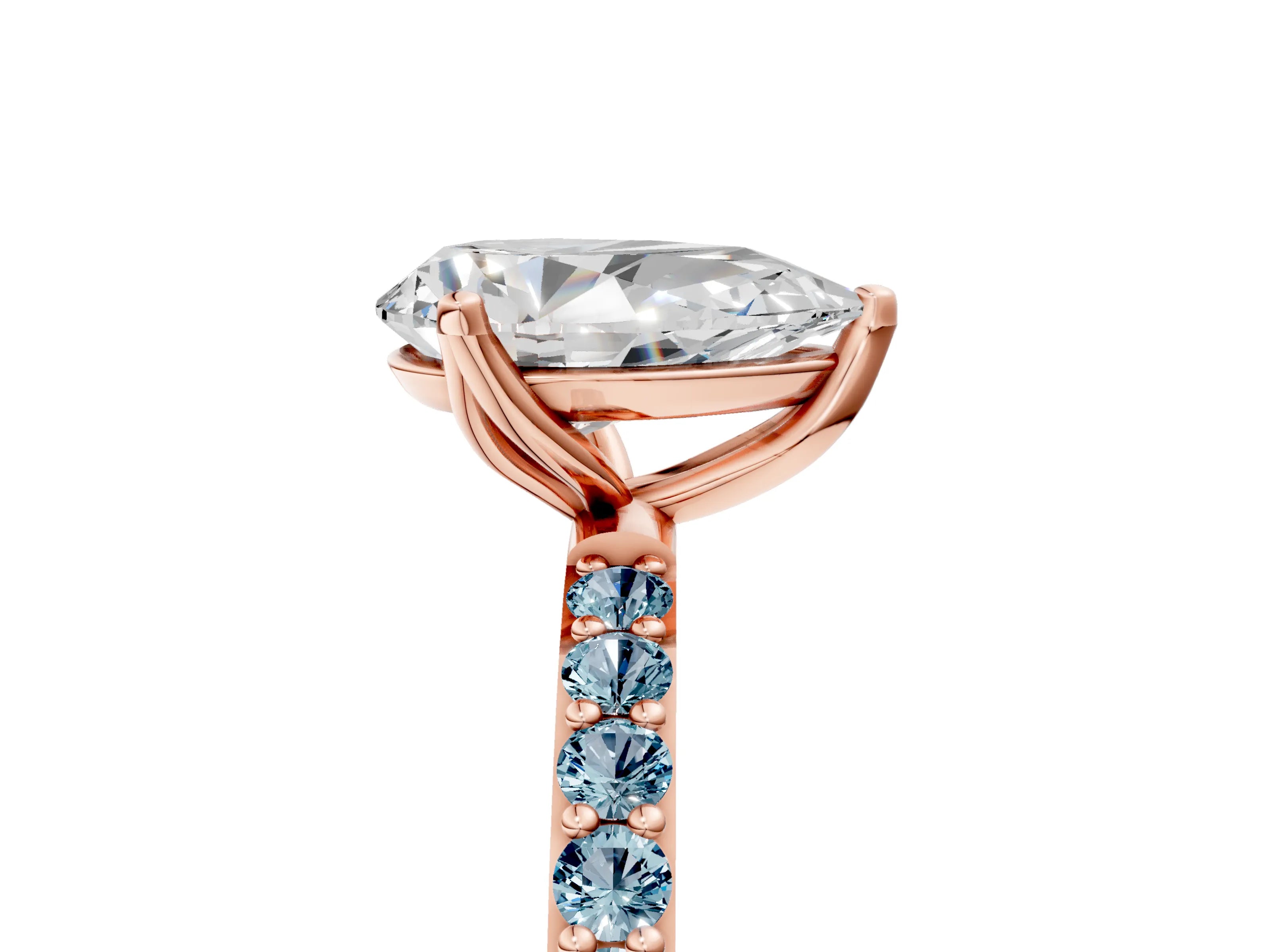 Rose gold Pear Cut Diamond Solitaire Engagement Ring with Round with Aquamarine side stone Pavé Band and Prong Setting_5