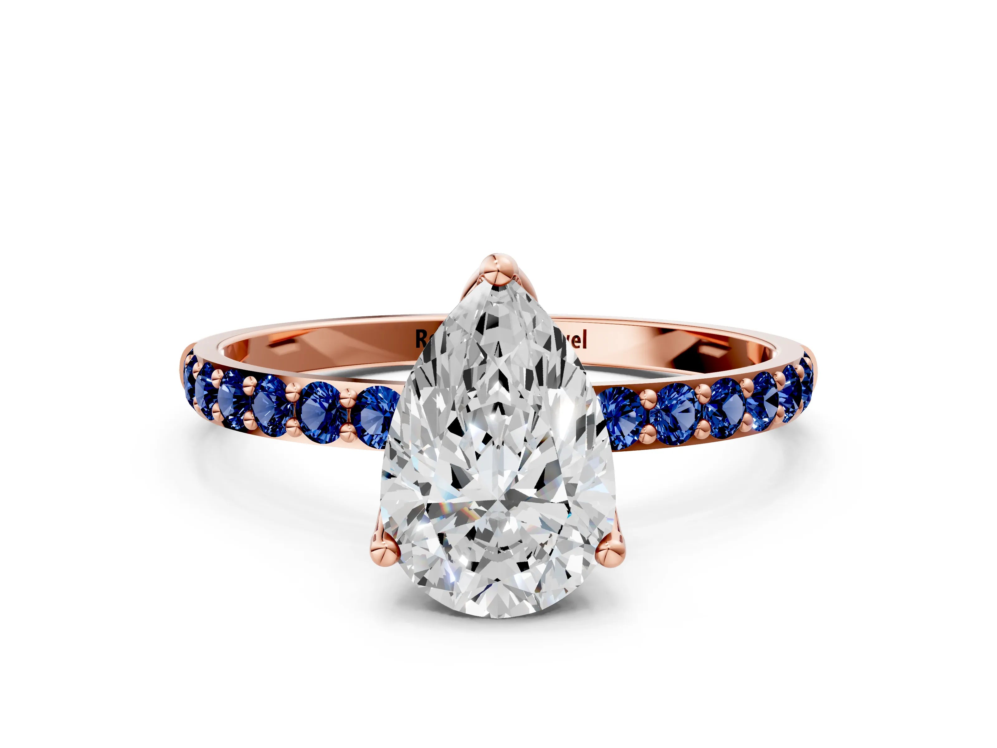 Rose gold Pear Cut Diamond Solitaire Engagement Ring with Round with Blue Sapphire side stone Pavé Band and Prong Setting