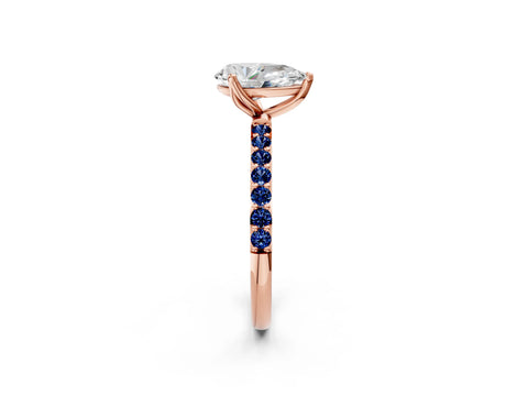 Rose gold Pear Cut Diamond Solitaire Engagement Ring with Round with Blue Sapphire side stone Pavé Band and Prong Setting_2