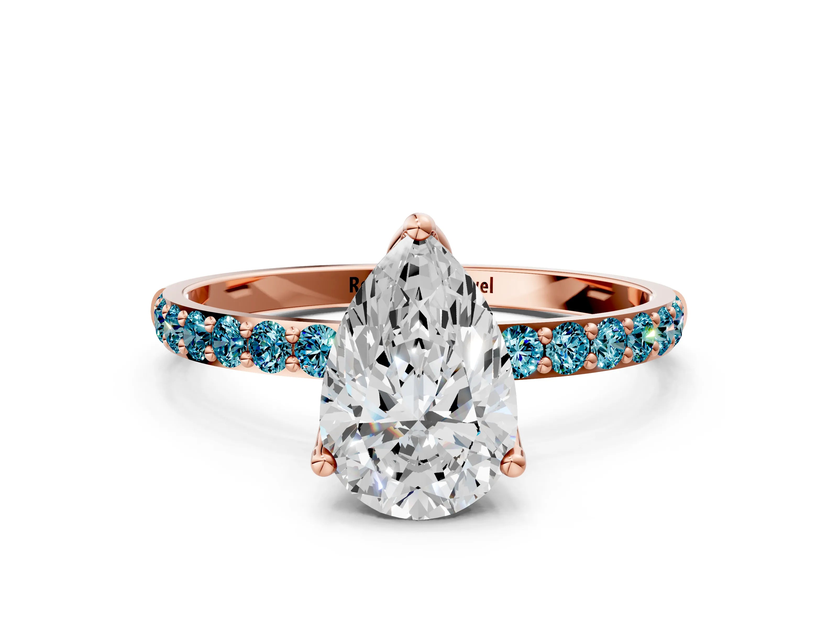 Rose gold Pear Cut Diamond Solitaire Engagement Ring with Round with Blue Topaz side stone Pavé Band and Prong Setting