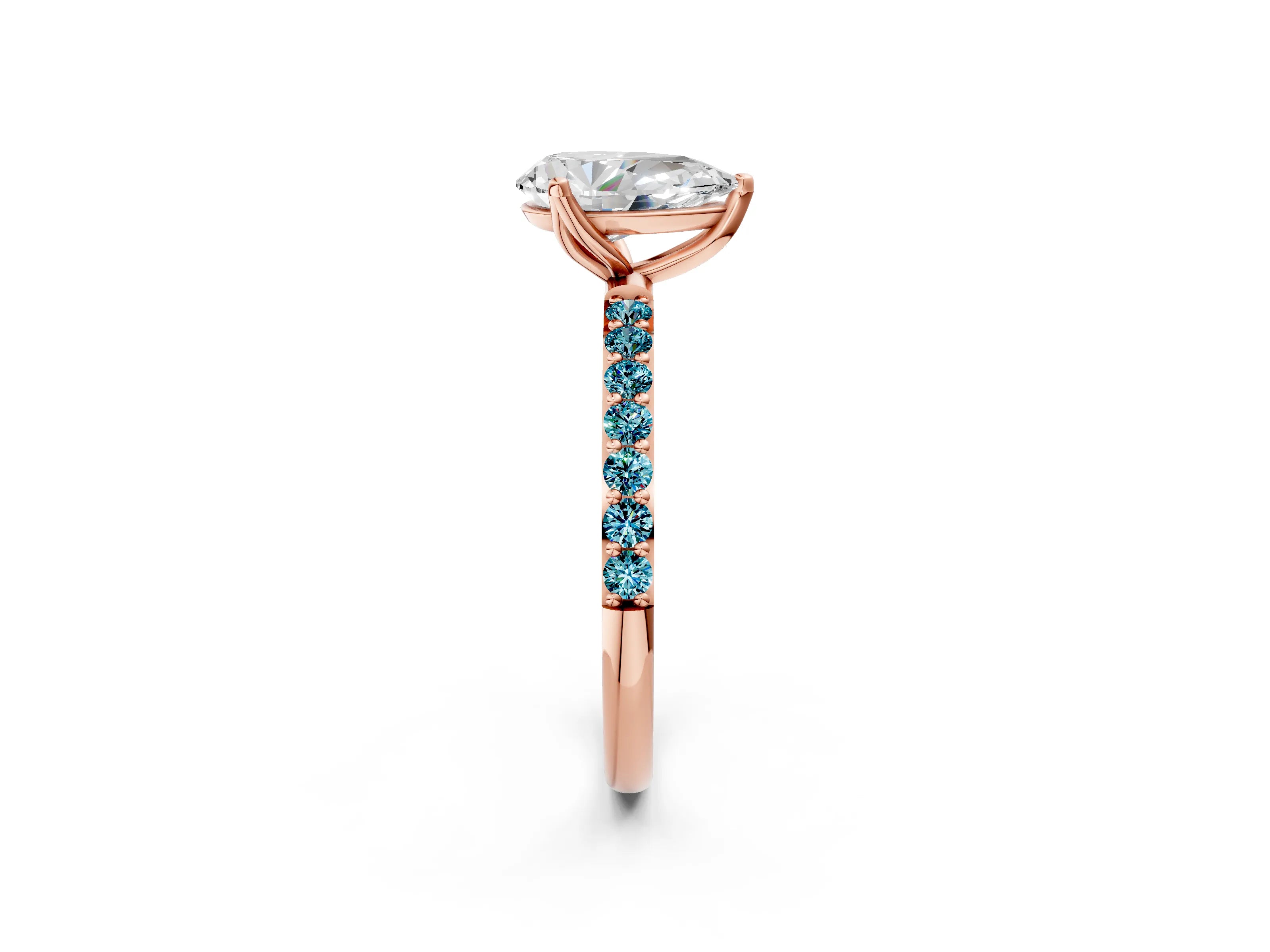 Rose gold Pear Cut Diamond Solitaire Engagement Ring with Round with Blue Topaz side stone Pavé Band and Prong Setting_2