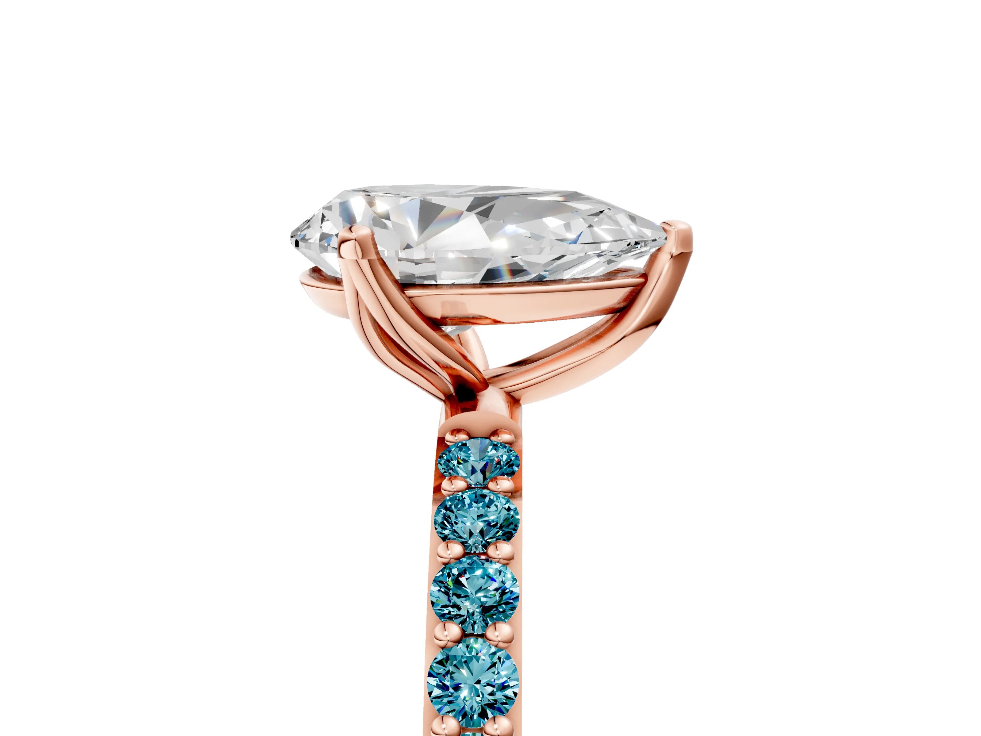 Rose gold Pear Cut Diamond Solitaire Engagement Ring with Round with Blue Topaz side stone Pavé Band and Prong Setting_5