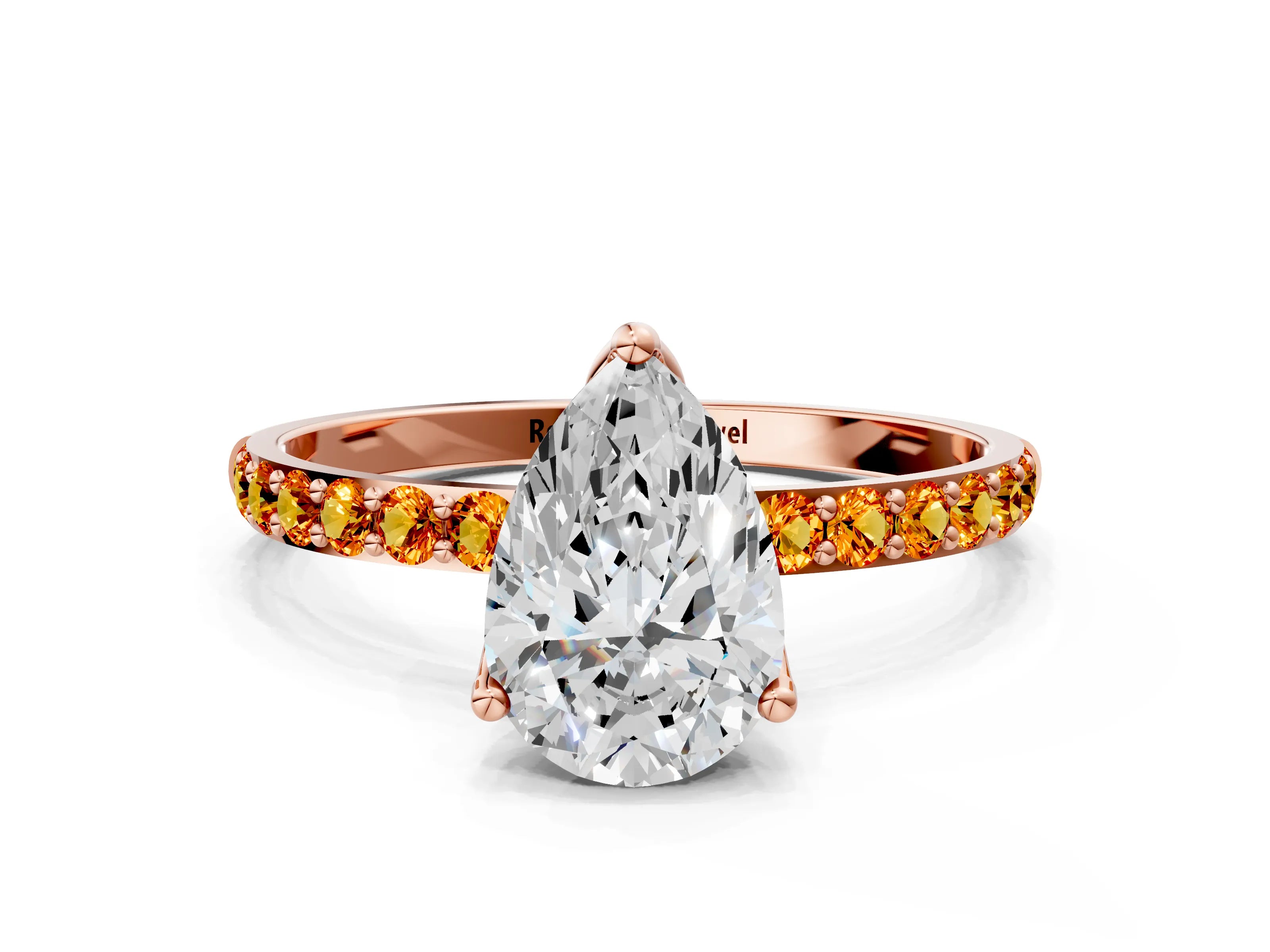 Rose gold Pear Cut Diamond Solitaire Engagement Ring with Round with Citrine side stone Pavé Band and Prong Setting