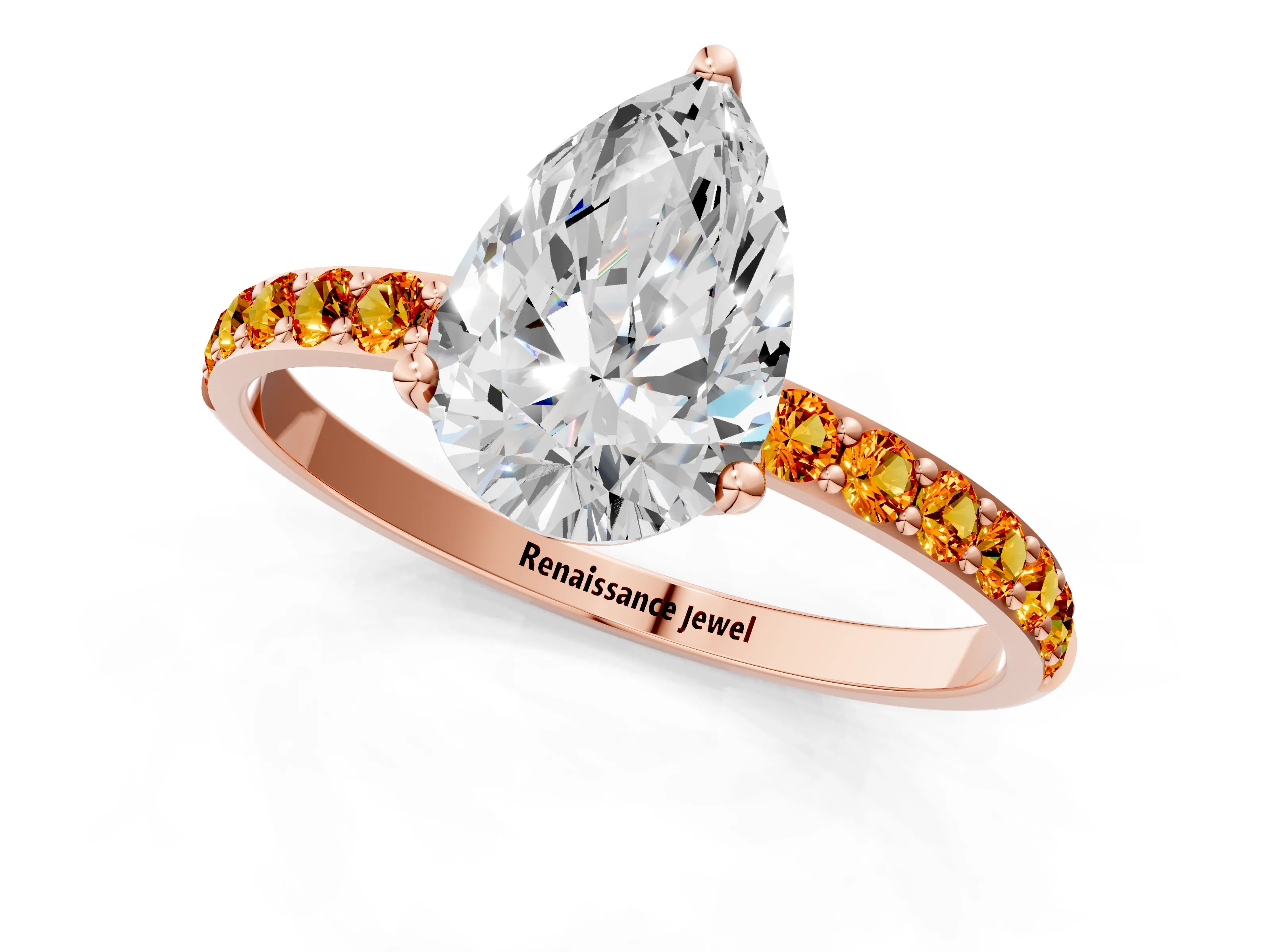 Rose gold Pear Cut Diamond Solitaire Engagement Ring with Round with Citrine side stone Pavé Band and Prong Setting_1