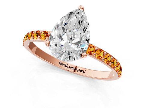 Rose gold Pear Cut Diamond Solitaire Engagement Ring with Round with Citrine side stone Pavé Band and Prong Setting_1