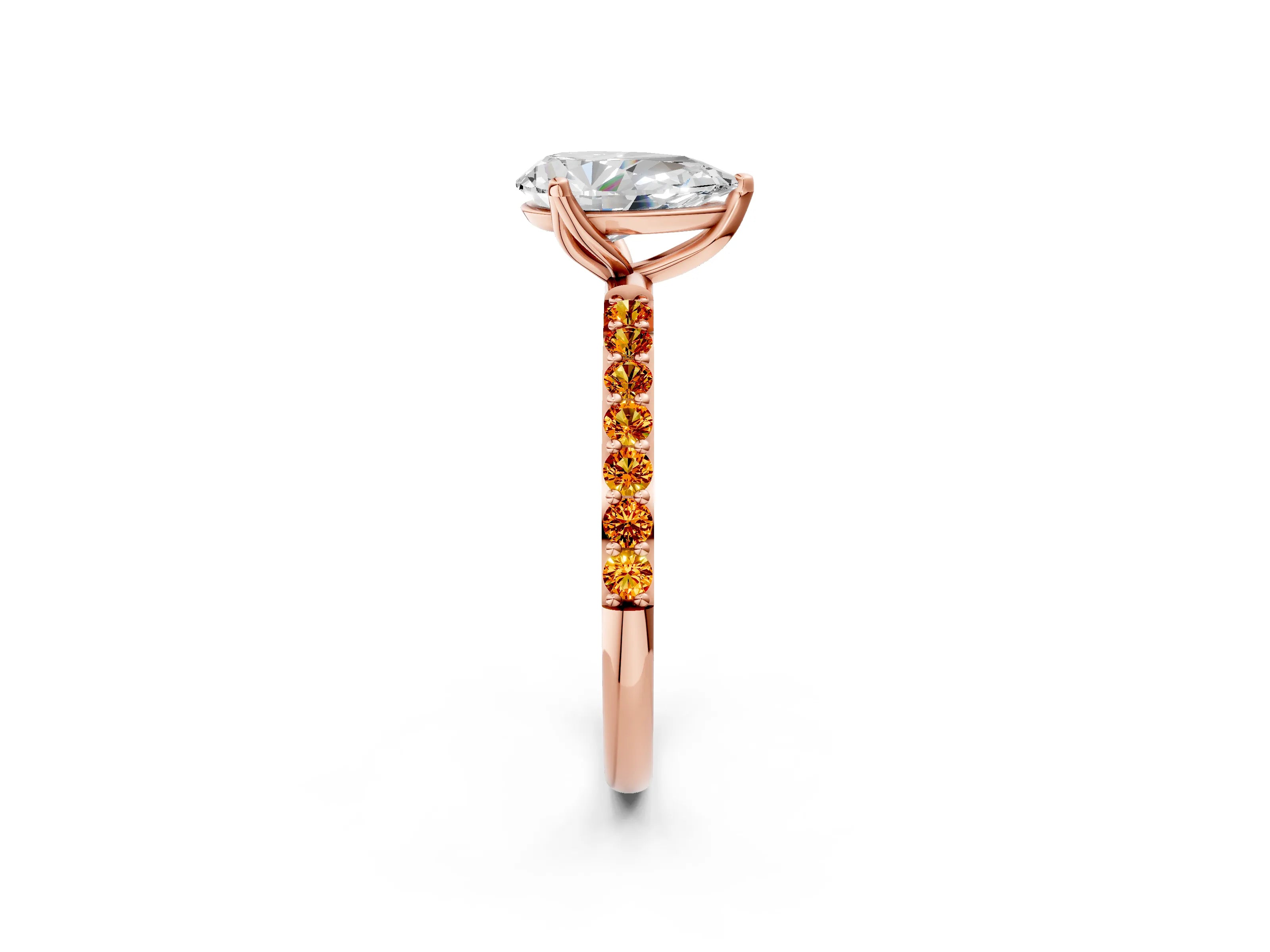 Rose gold Pear Cut Diamond Solitaire Engagement Ring with Round with Citrine side stone Pavé Band and Prong Setting_2