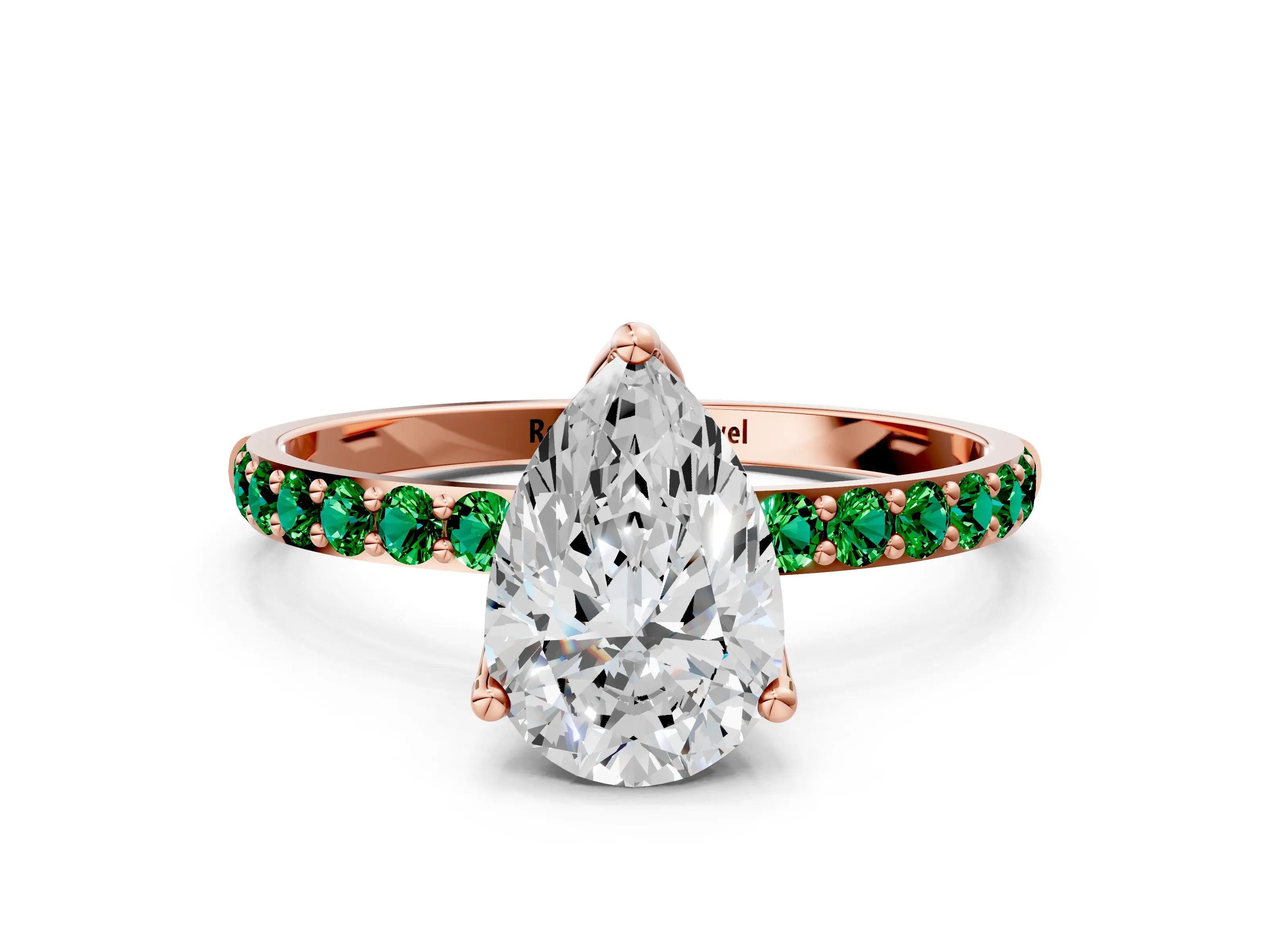 Rose gold Pear Cut Diamond Solitaire Engagement Ring with Round with Emerald side stone Pavé Band and Prong Setting