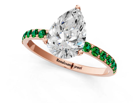 Rose gold Pear Cut Diamond Solitaire Engagement Ring with Round with Emerald side stone Pavé Band and Prong Setting_1