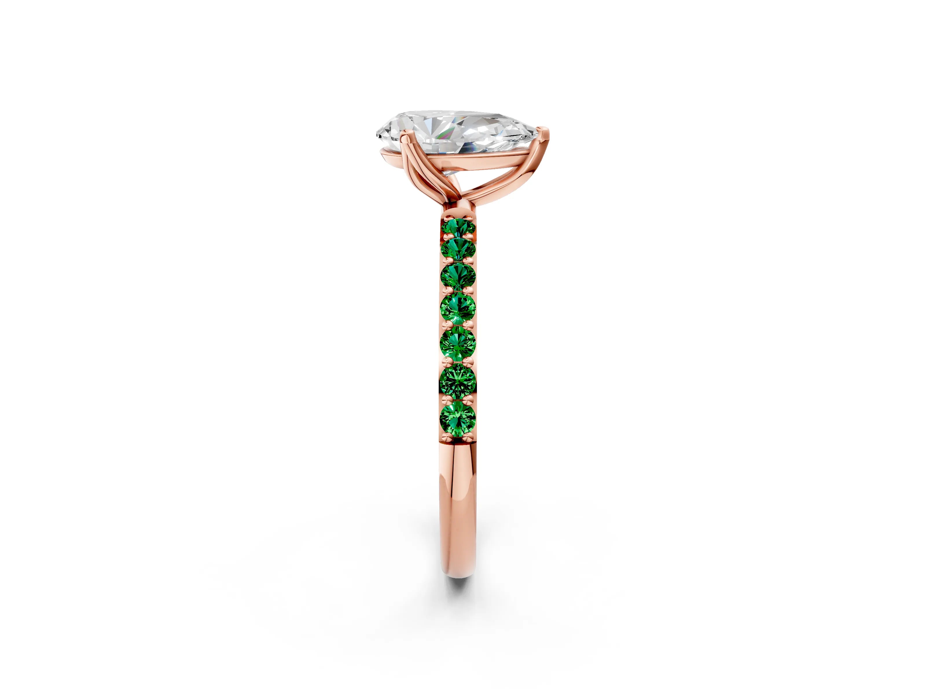 Rose gold Pear Cut Diamond Solitaire Engagement Ring with Round with Emerald side stone Pavé Band and Prong Setting_2