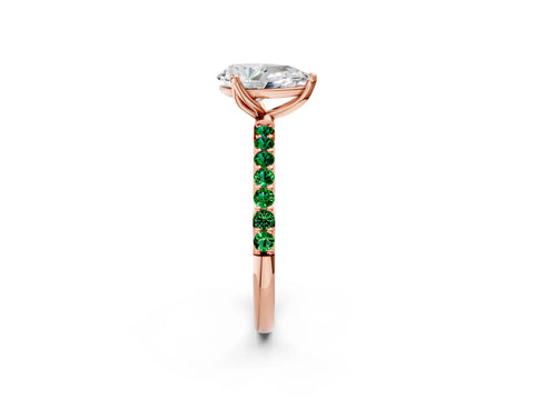 Rose gold Pear Cut Diamond Solitaire Engagement Ring with Round with Emerald side stone Pavé Band and Prong Setting_2
