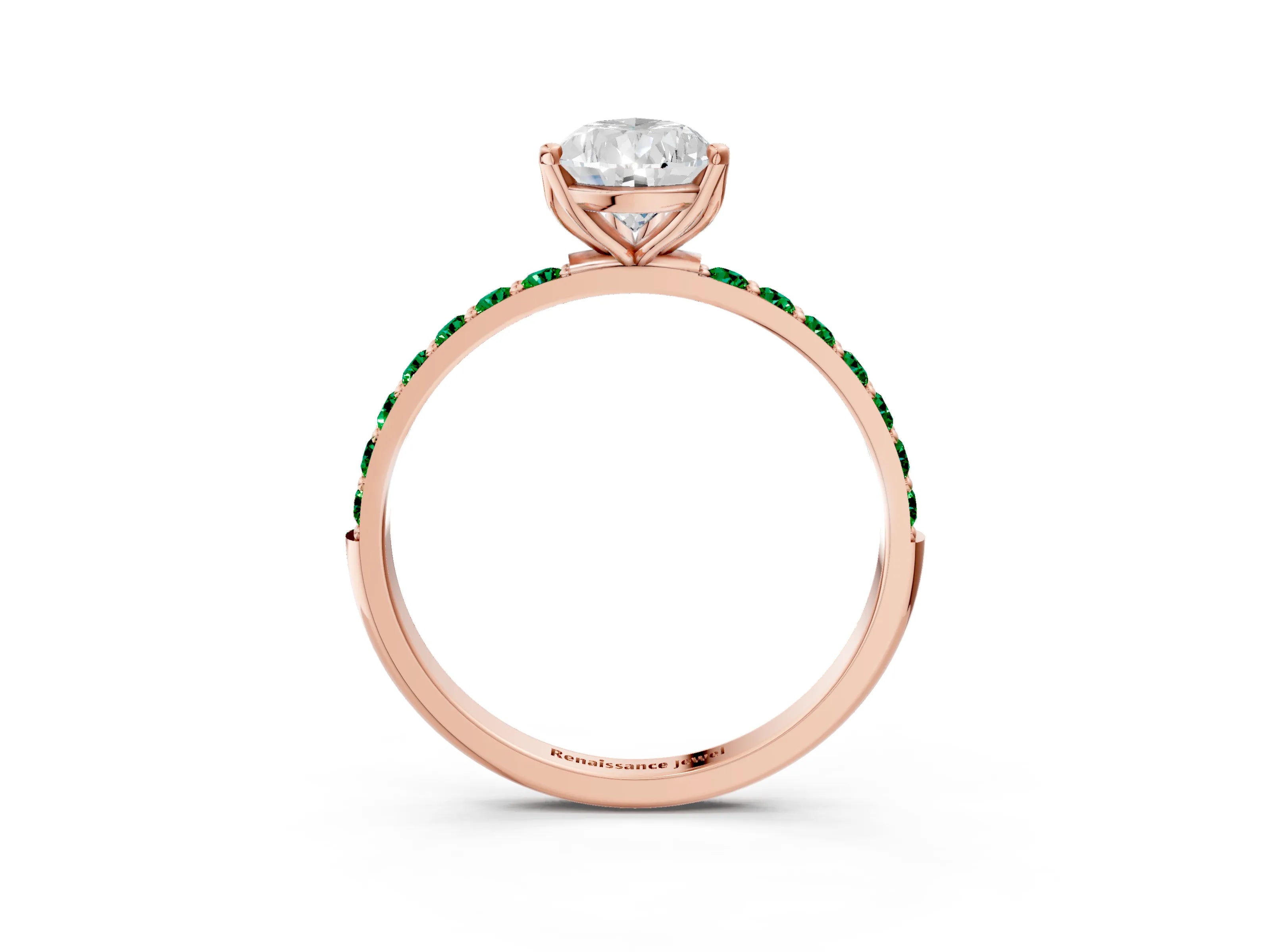 Rose gold Pear Cut Diamond Solitaire Engagement Ring with Round with Emerald side stone Pavé Band and Prong Setting_3