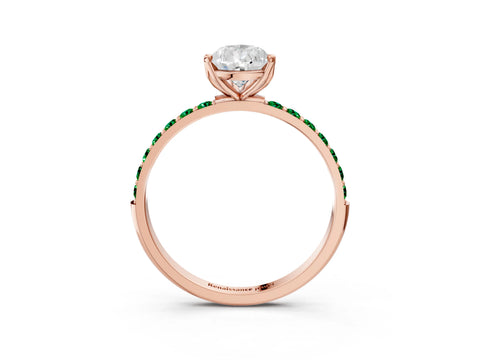 Rose gold Pear Cut Diamond Solitaire Engagement Ring with Round with Emerald side stone Pavé Band and Prong Setting_3