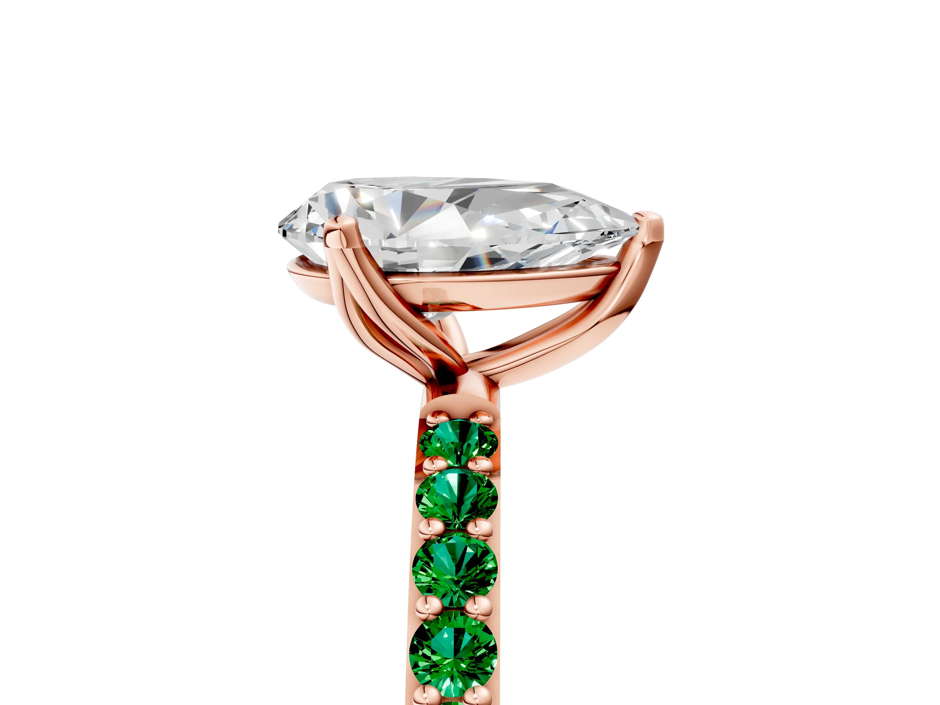 Rose gold Pear Cut Diamond Solitaire Engagement Ring with Round with Emerald side stone Pavé Band and Prong Setting_5
