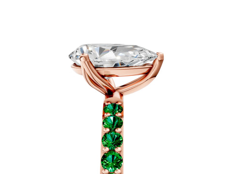 Rose gold Pear Cut Diamond Solitaire Engagement Ring with Round with Emerald side stone Pavé Band and Prong Setting_5