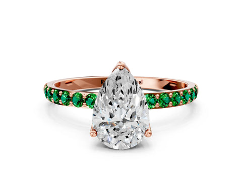 Rose gold Pear Cut Diamond Solitaire Engagement Ring with Round with Emerald side stone Pavé Band and Prong Setting