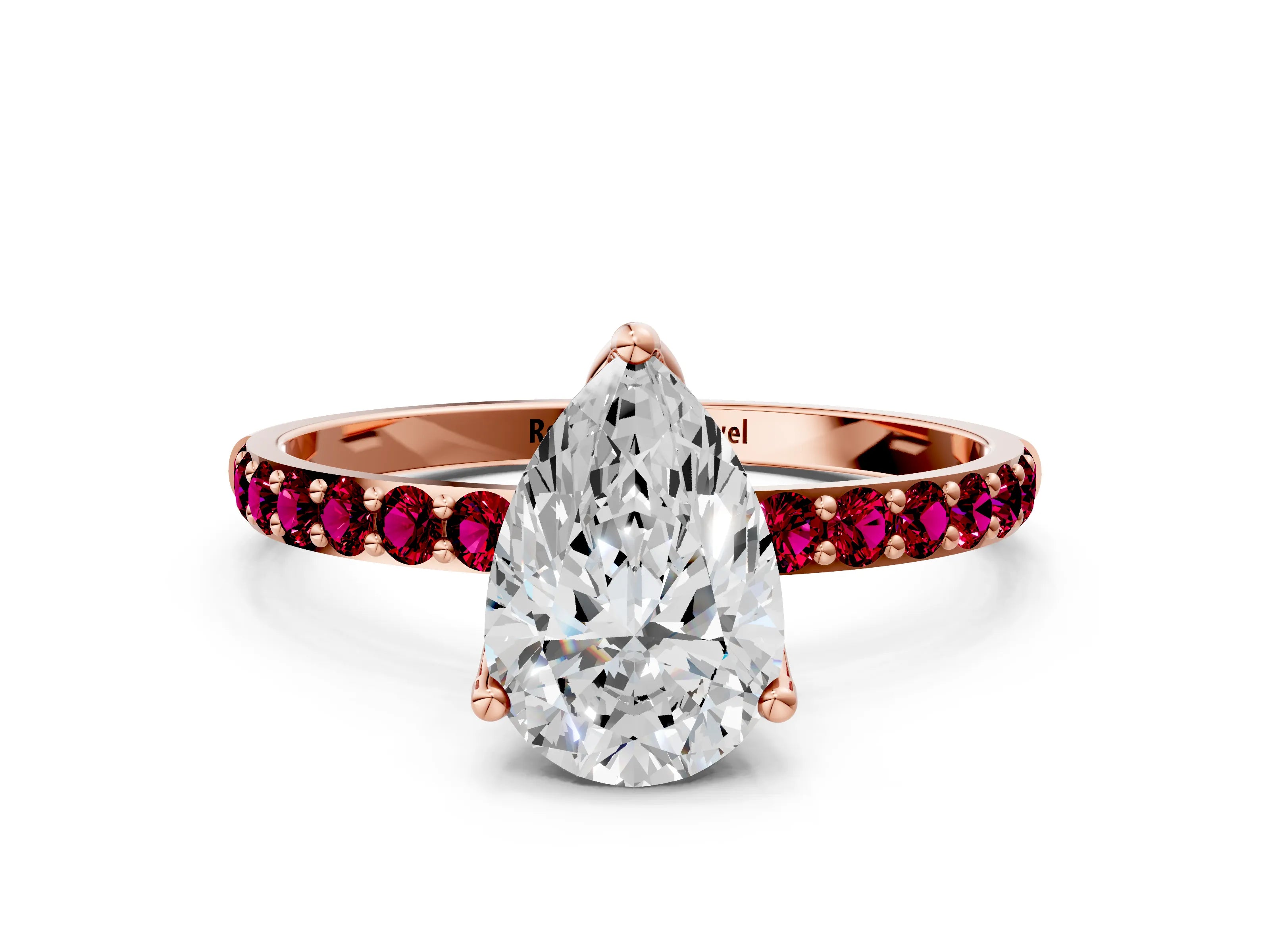 Rose gold Pear Cut Diamond Solitaire Engagement Ring with Round with Garnet side stone Pavé Band and Prong Setting