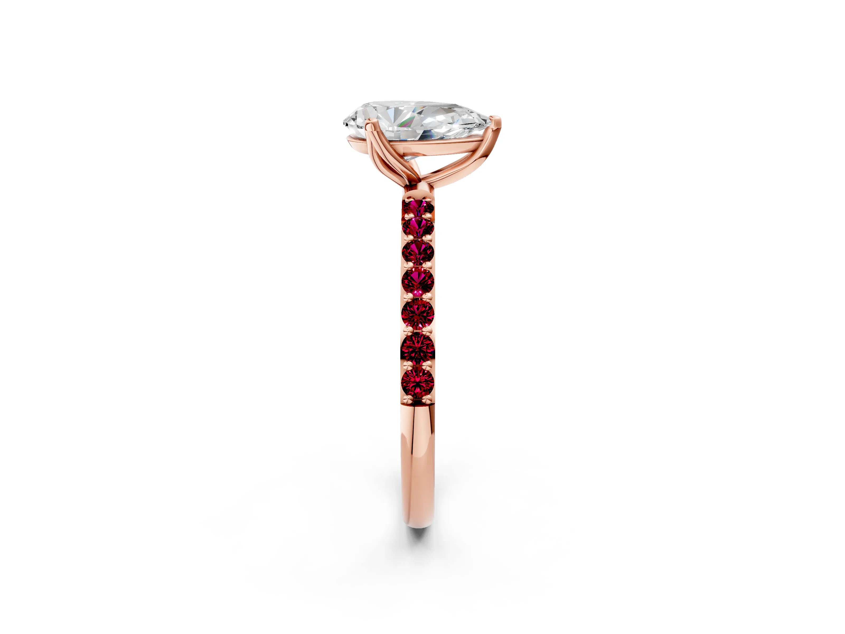 Rose gold Pear Cut Diamond Solitaire Engagement Ring with Round with Garnet side stone Pavé Band and Prong Setting_2