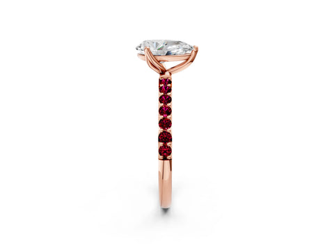 Rose gold Pear Cut Diamond Solitaire Engagement Ring with Round with Garnet side stone Pavé Band and Prong Setting_2