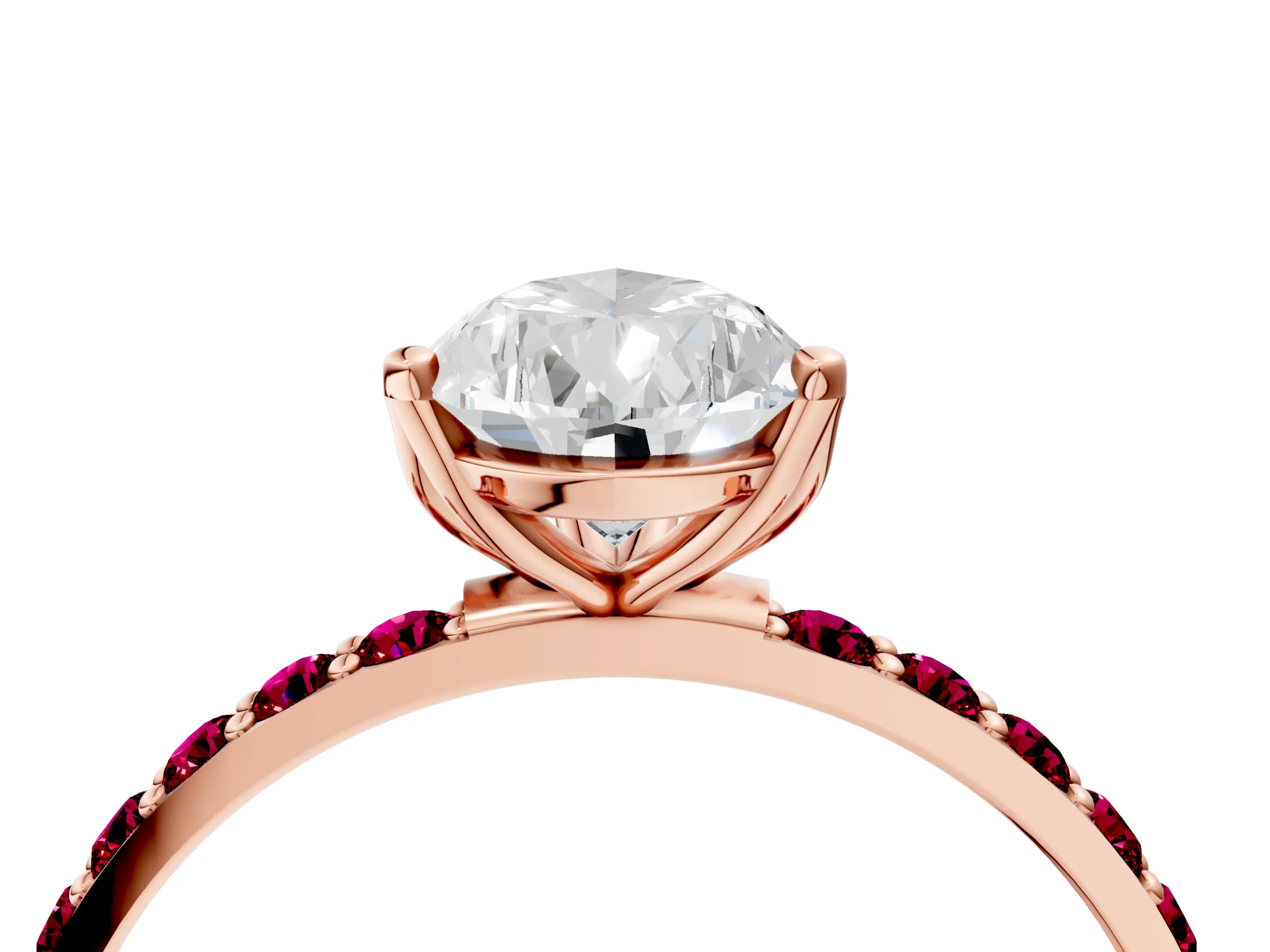 Rose gold Pear Cut Diamond Solitaire Engagement Ring with Round with Garnet side stone Pavé Band and Prong Setting_4