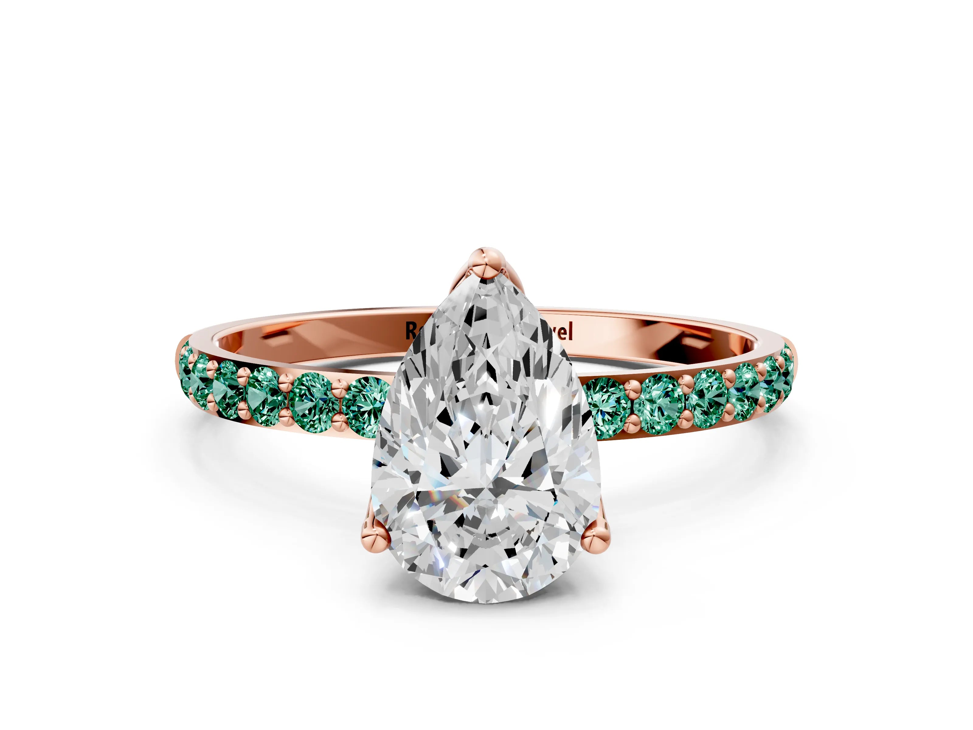 Rose gold Pear Cut Diamond Solitaire Engagement Ring with Round with Green Sapphire side stone Pavé Band and Prong Setting