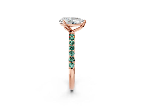 Rose gold Pear Cut Diamond Solitaire Engagement Ring with Round with Green Sapphire side stone Pavé Band and Prong Setting_2