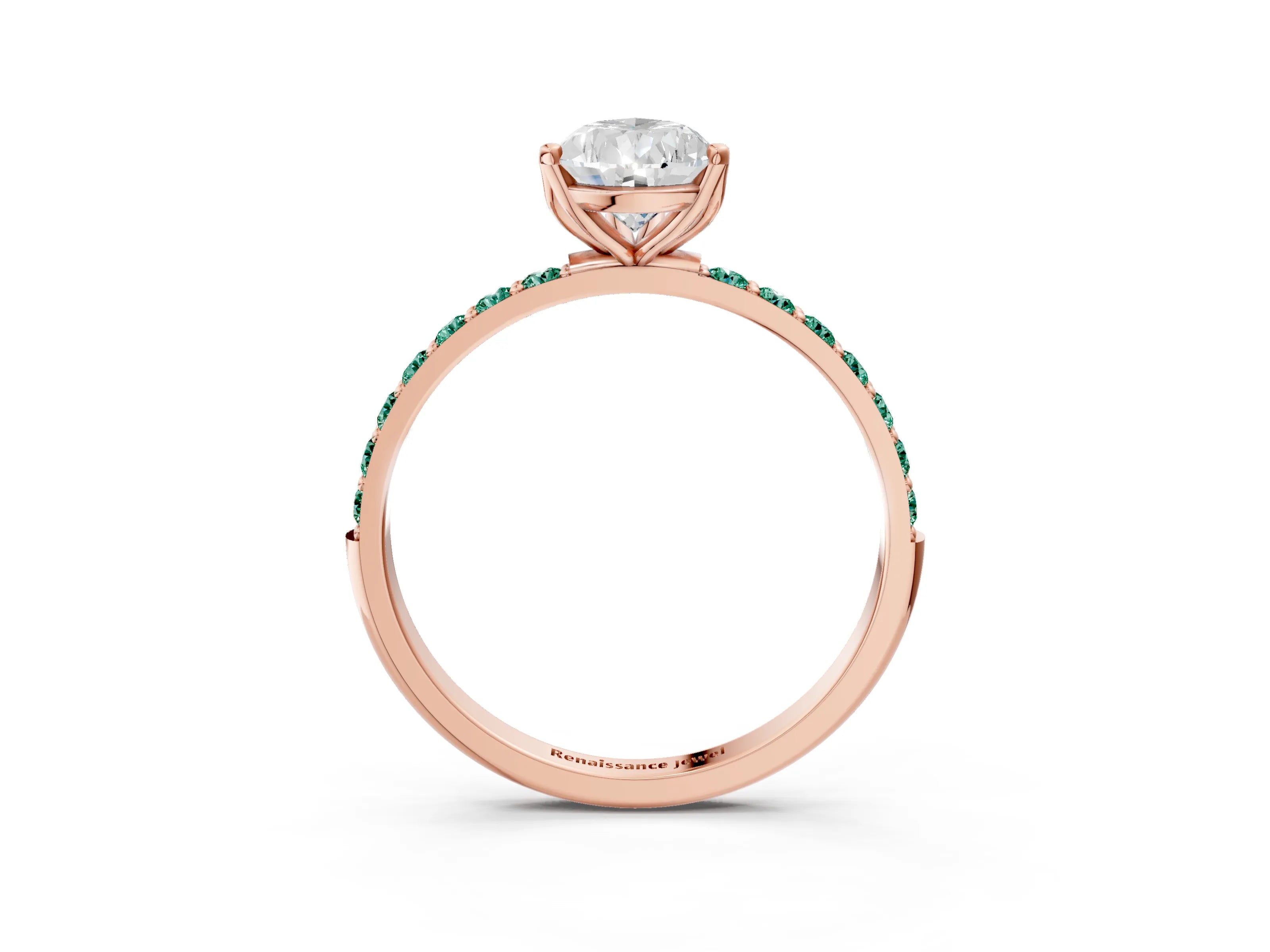 Rose gold Pear Cut Diamond Solitaire Engagement Ring with Round with Green Sapphire side stone Pavé Band and Prong Setting_3