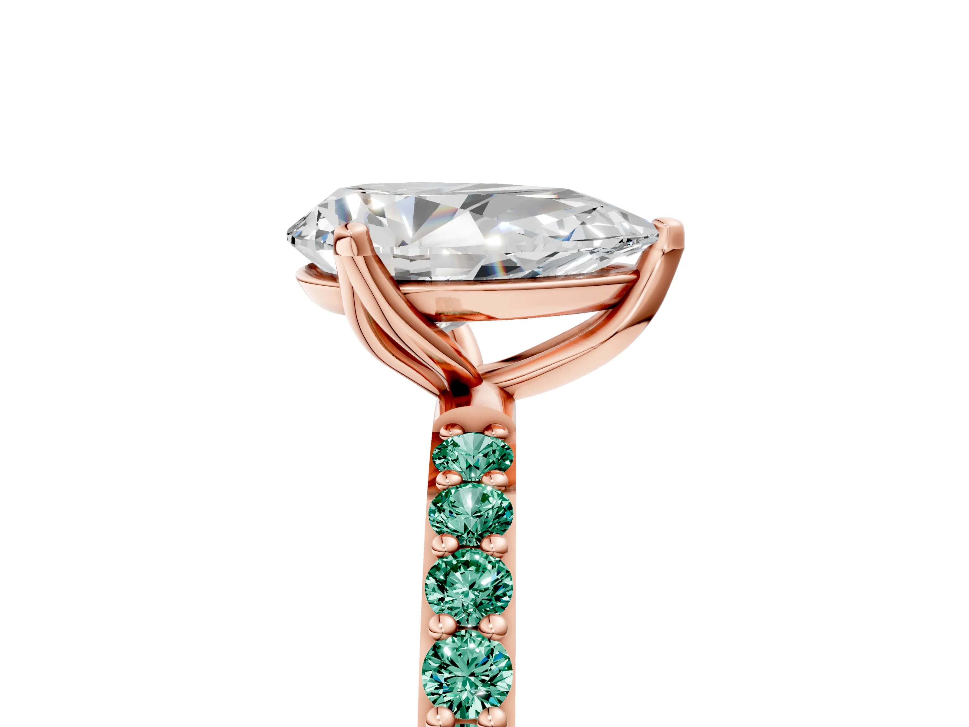Rose gold Pear Cut Diamond Solitaire Engagement Ring with Round with Green Sapphire side stone Pavé Band and Prong Setting_5