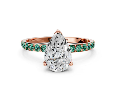 Rose gold Pear Cut Diamond Solitaire Engagement Ring with Round with Green Sapphire side stone Pavé Band and Prong Setting
