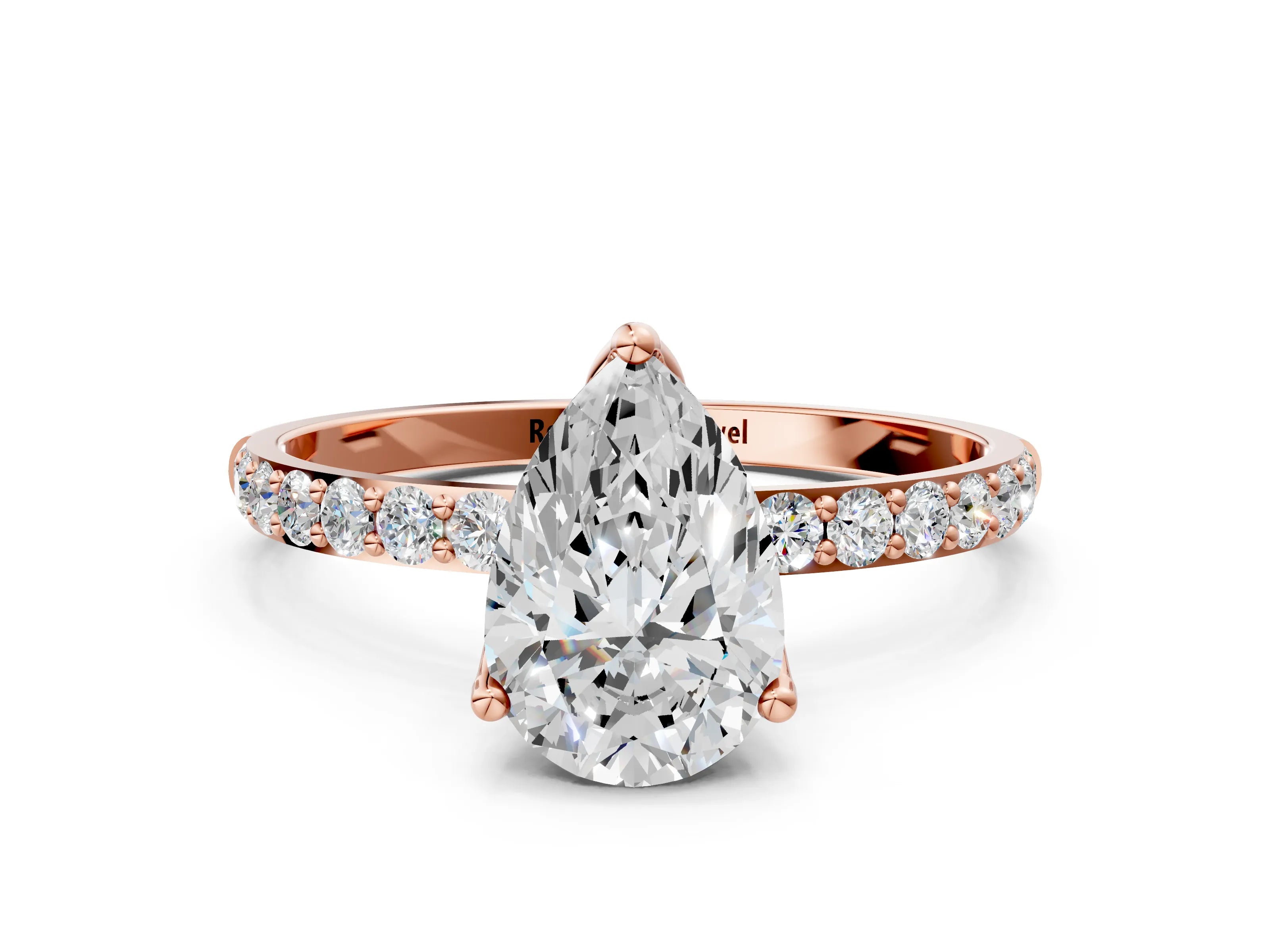 Rose gold Pear Cut Diamond Solitaire Engagement Ring with Round with Moissanite side stone Pavé Band and Prong Setting